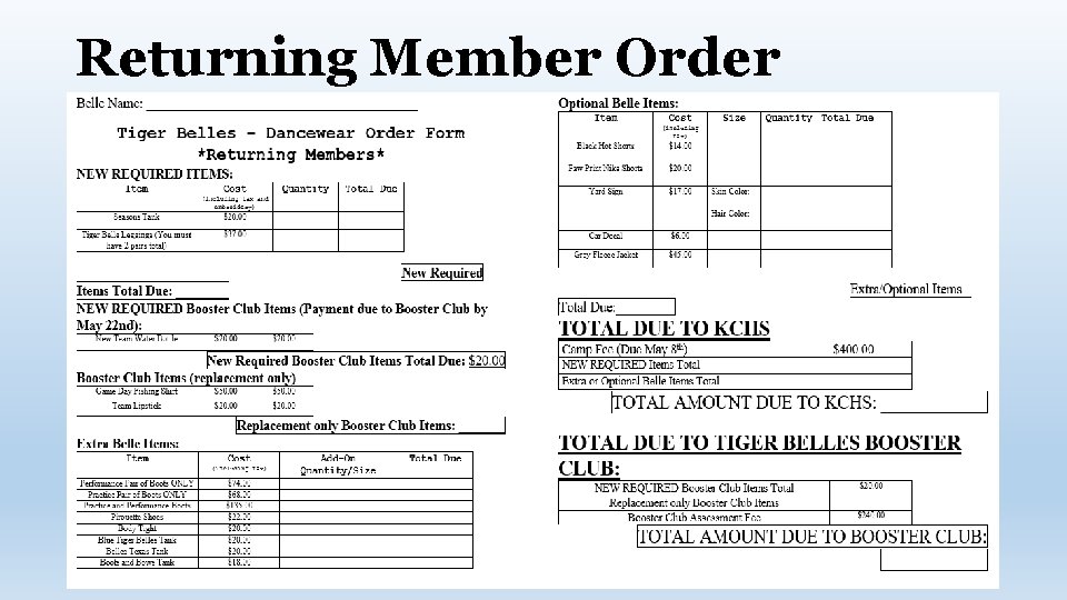 Returning Member Order Form Returning Member Order Form