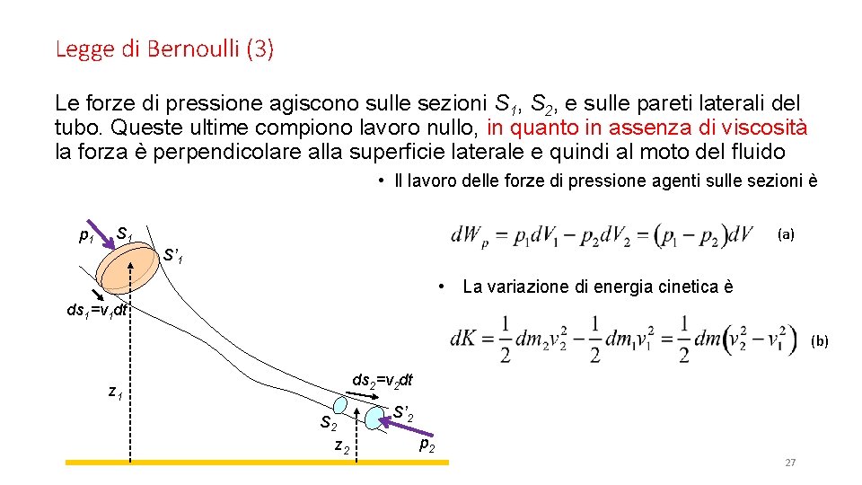 Legge di Bernoulli (3) Le forze di pressione agiscono sulle sezioni S 1, S