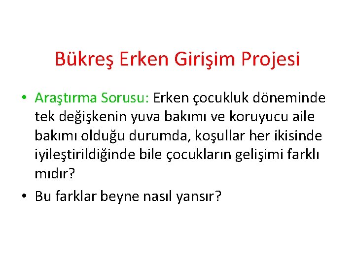 Bükreş Erken Girişim Projesi • Araştırma Sorusu: Erken çocukluk döneminde tek değişkenin yuva bakımı