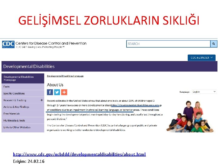 GELİŞİMSEL ZORLUKLARIN SIKLIĞI http: //www. cdc. gov/ncbddd/developmentaldisabilities/about. html Erişim: 24. 02. 16 