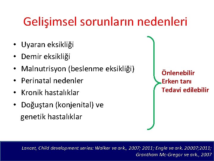 Gelişimsel sorunların nedenleri • • • Uyaran eksikliği Demir eksikliği Malnutrisyon (beslenme eksikliği) Perinatal