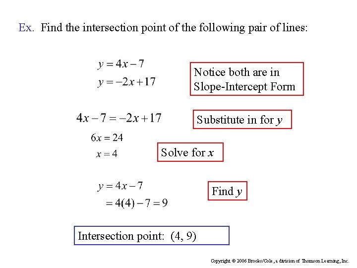 Ex. Find the intersection point of the following pair of lines: Notice both are