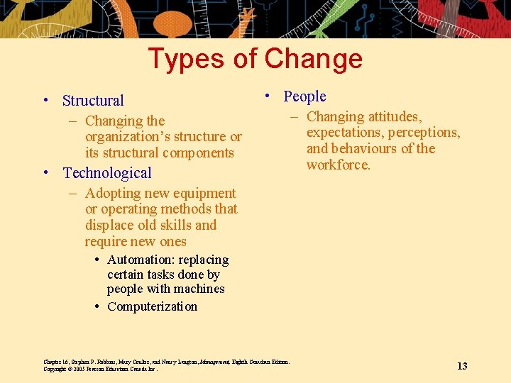 Types of Change • Structural – Changing the • People – Changing attitudes, organization’s