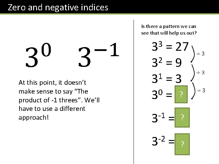 Zero and negative indices Is there a pattern we can see that will help