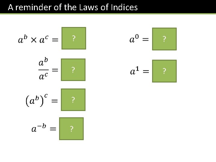 A reminder of the Laws of Indices ? ? ? ? 