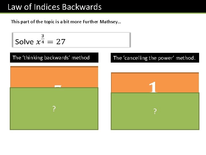 Law of Indices Backwards This part of the topic is a bit more Further