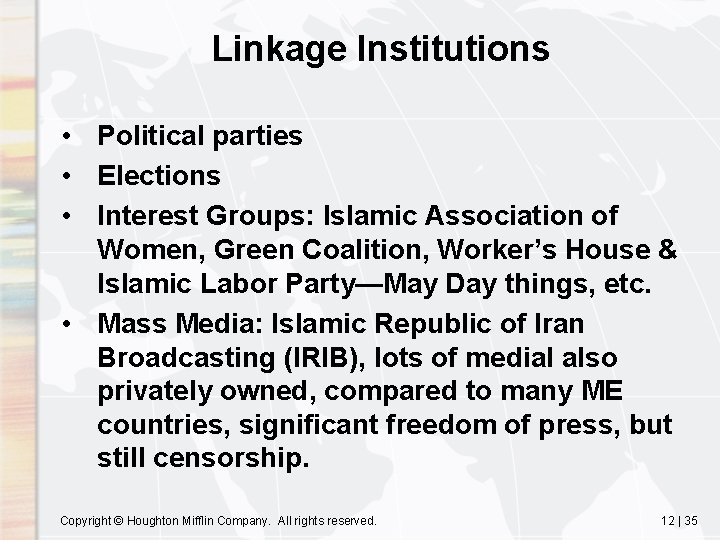 Linkage Institutions • Political parties • Elections • Interest Groups: Islamic Association of Women,