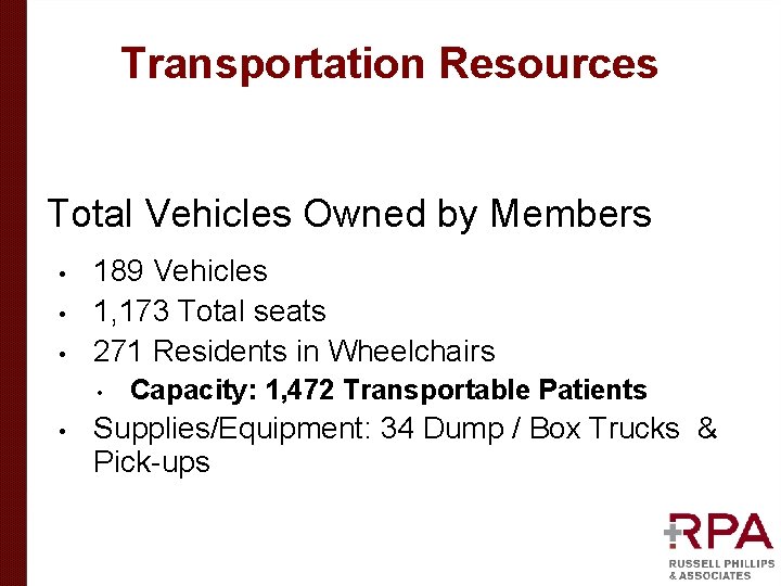 Transportation Resources Total Vehicles Owned by Members • • • 189 Vehicles 1, 173