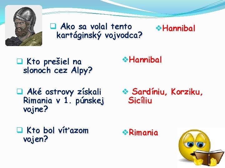 q Ako sa volal tento kartáginský vojvodca? v. Hannibal q Kto prešiel na slonoch