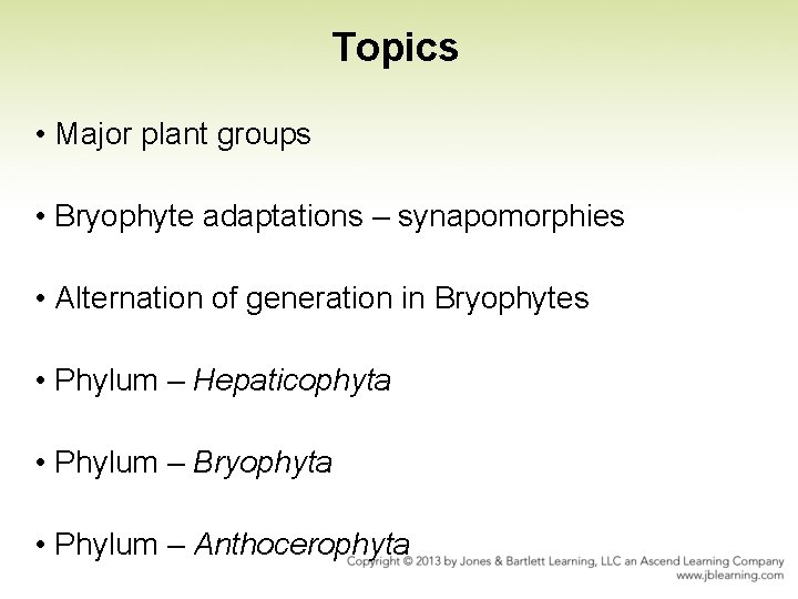 Topics • Major plant groups • Bryophyte adaptations – synapomorphies • Alternation of generation