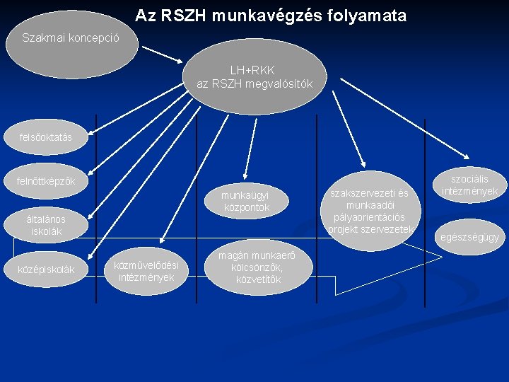 Az RSZH munkavégzés folyamata Szakmai koncepció LH+RKK az RSZH megvalósítók felsőoktatás felnőttképzők munkaügyi központok