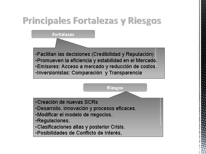 Principales Fortalezas y Riesgos Fortalezas • Facilitan las decisiones (Credibilidad y Reputación) • Promueven