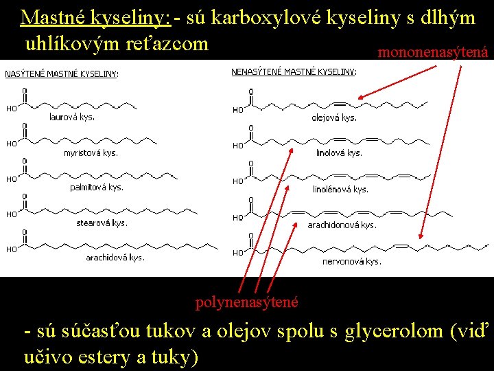 Mastné kyseliny: - sú karboxylové kyseliny s dlhým uhlíkovým reťazcom mononenasýtená pr P r