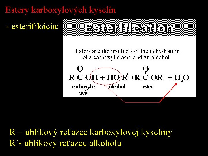 Estery karboxylových kyselín - esterifikácia: R – uhlíkový reťazec karboxylovej kyseliny R´- uhlíkový reťazec