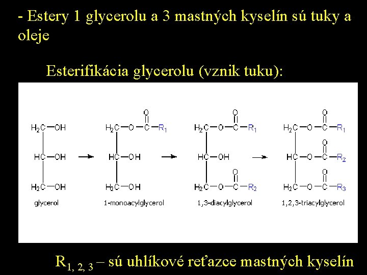 - Estery 1 glycerolu a 3 mastných kyselín sú tuky a oleje Esterifikácia glycerolu