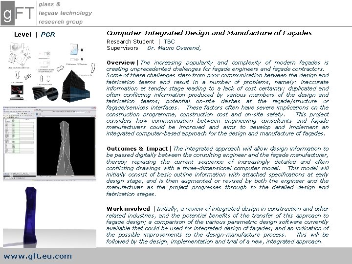 Level PGR Computer-Integrated Design and Manufacture of Façades Research Student TBC Supervisors Dr. Mauro