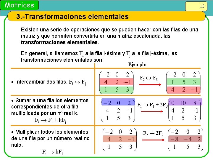 Matrices 10 3. -Transformaciones elementales Existen una serie de operaciones que se pueden hacer