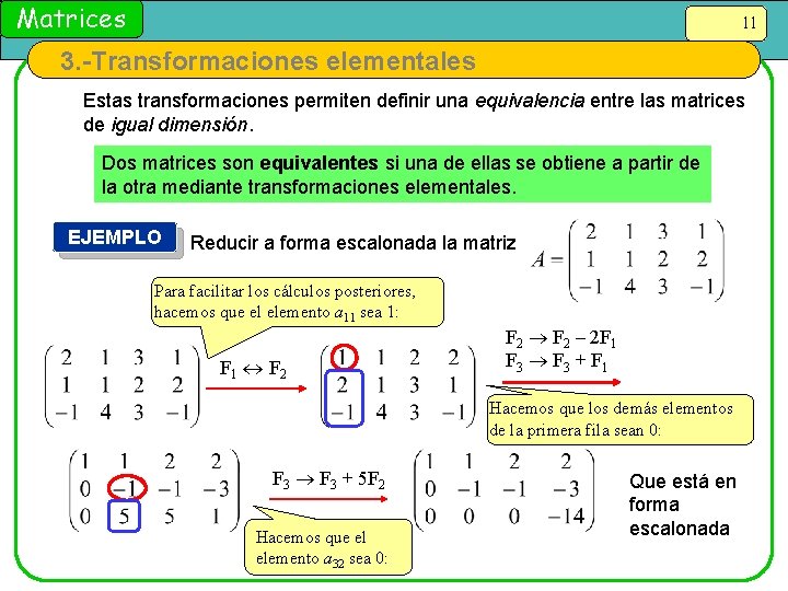 Matrices 11 3. -Transformaciones elementales Estas transformaciones permiten definir una equivalencia entre las matrices