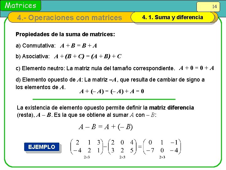 Matrices 14 4. - Operaciones con matrices 4. 1. Suma y diferencia Propiedades de