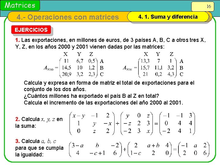 Matrices 4. - Operaciones con matrices 16 4. 1. Suma y diferencia EJERCICIOS 1.