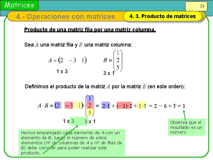 Matrices 19 4. - Operaciones con matrices 4. 3. Producto de matrices Producto de