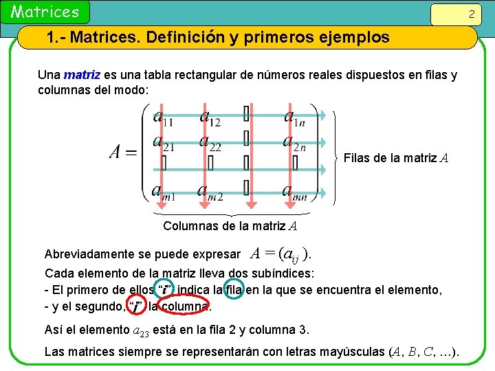 Matrices 2 1. - Matrices. Definición y primeros ejemplos Una matriz es una tabla