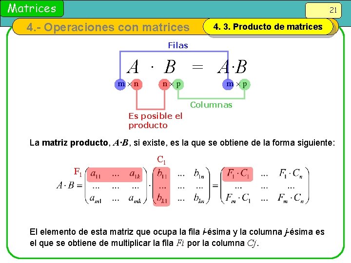 Matrices 21 4. - Operaciones con matrices 4. 3. Producto de matrices Filas A