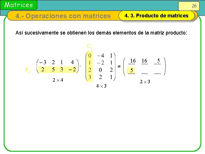 Matrices 26 4. - Operaciones con matrices 4. 3. Producto de matrices Así sucesivamente