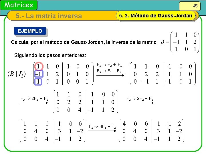 Matrices 45 5. - La matriz inversa 5. 2. Método de Gauss-Jordan EJEMPLO Calcula,