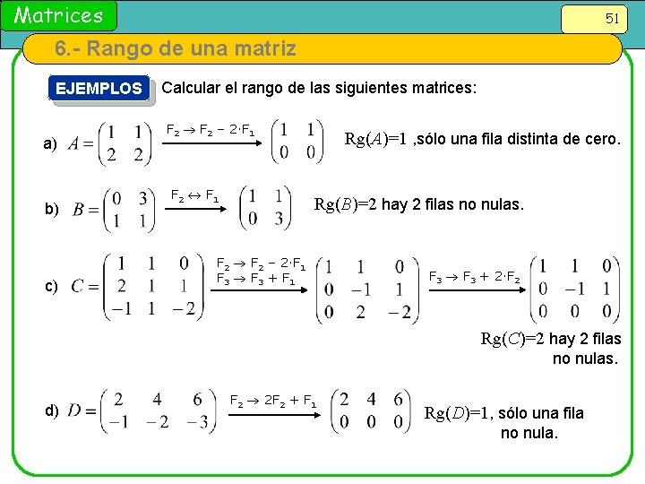 Matrices 51 6. - Rango de una matriz EJEMPLOS a) b) c) Calcular el