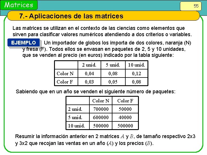 Matrices 55 7. - Aplicaciones de las matrices Las matrices se utilizan en el