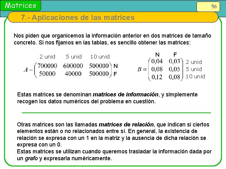 Matrices 56 7. - Aplicaciones de las matrices Nos piden que organicemos la información