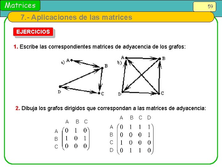 Matrices 59 7. - Aplicaciones de las matrices EJERCICIOS 1. Escribe las correspondientes matrices