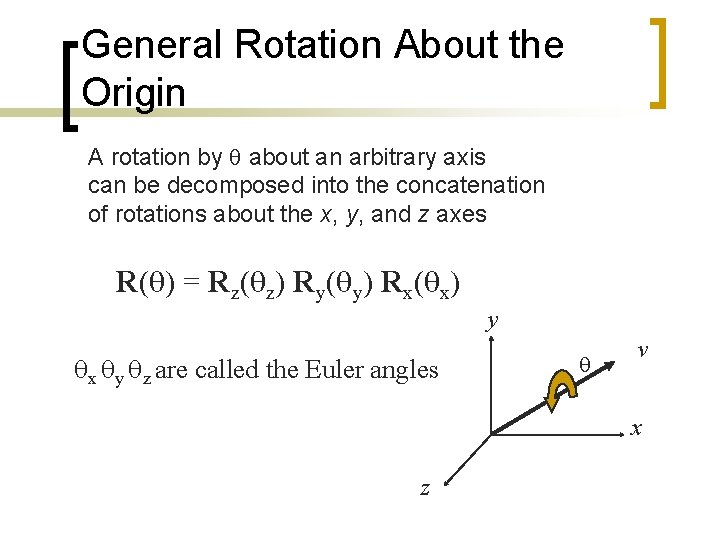General Rotation About the Origin A rotation by q about an arbitrary axis can