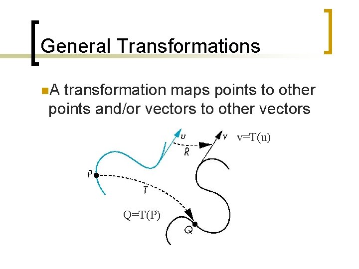 General Transformations n. A transformation maps points to other points and/or vectors to other