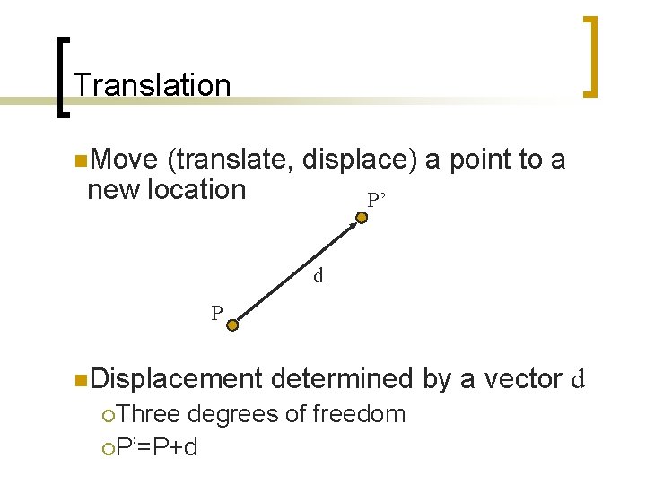 Translation n. Move (translate, displace) a point to a new location P’ d P