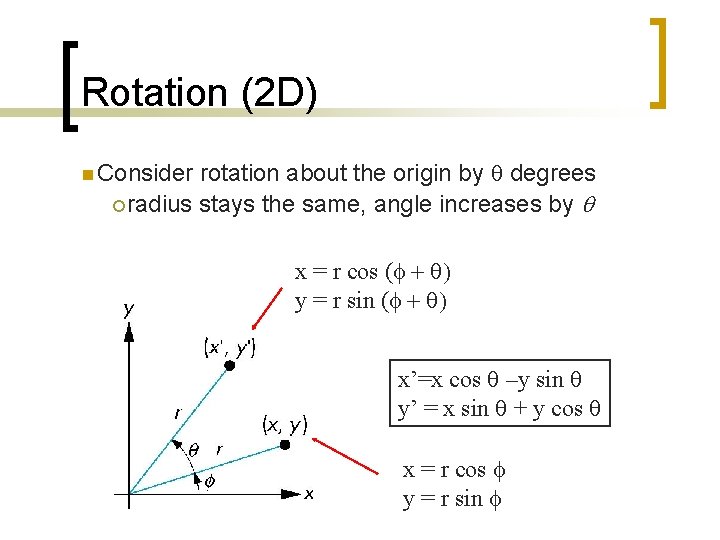 Rotation (2 D) rotation about the origin by q degrees ¡ radius stays the