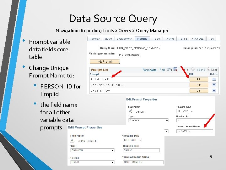 Data Source Query Navigation: Reporting Tools > Query Manager • Prompt variable data fields