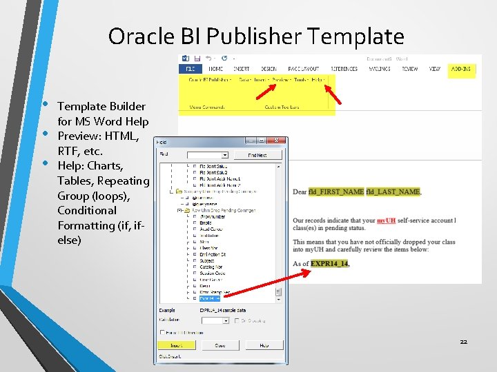 Oracle BI Publisher Template • • • Template Builder for MS Word Help Preview: