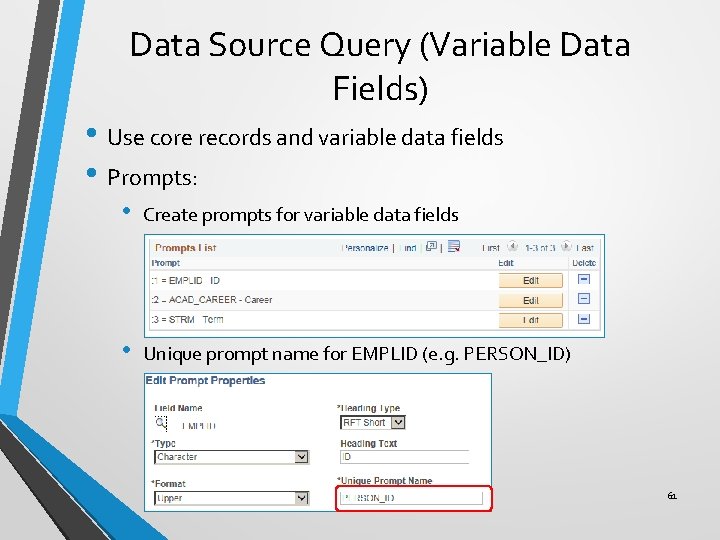 Data Source Query (Variable Data Fields) • Use core records and variable data fields