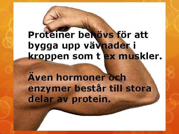Proteiner behövs för att bygga upp vävnader i kroppen som t ex muskler. Även