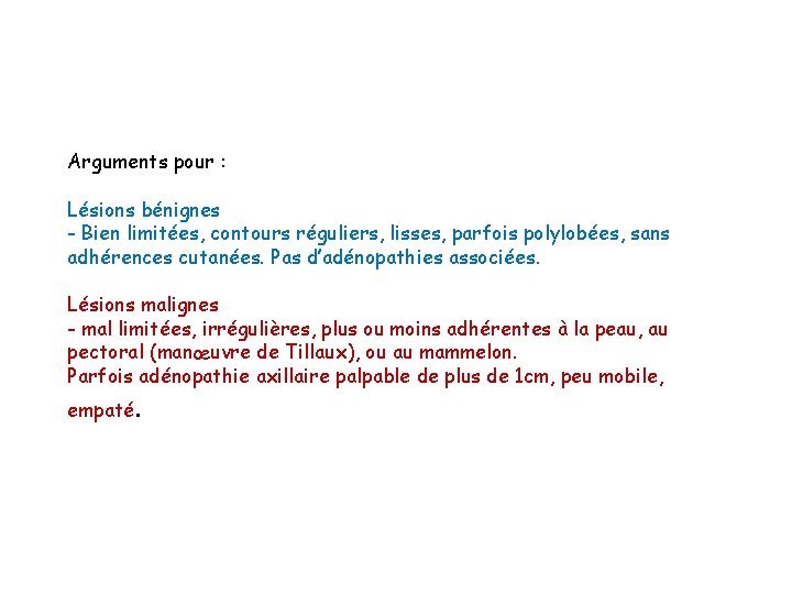 Arguments pour : Lésions bénignes - Bien limitées, contours réguliers, lisses, parfois polylobées, sans