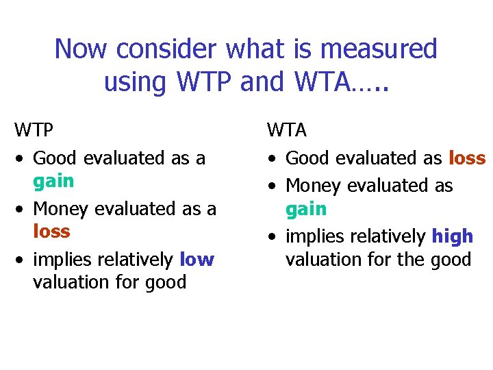 Now consider what is measured using WTP and WTA…. . WTP • Good evaluated