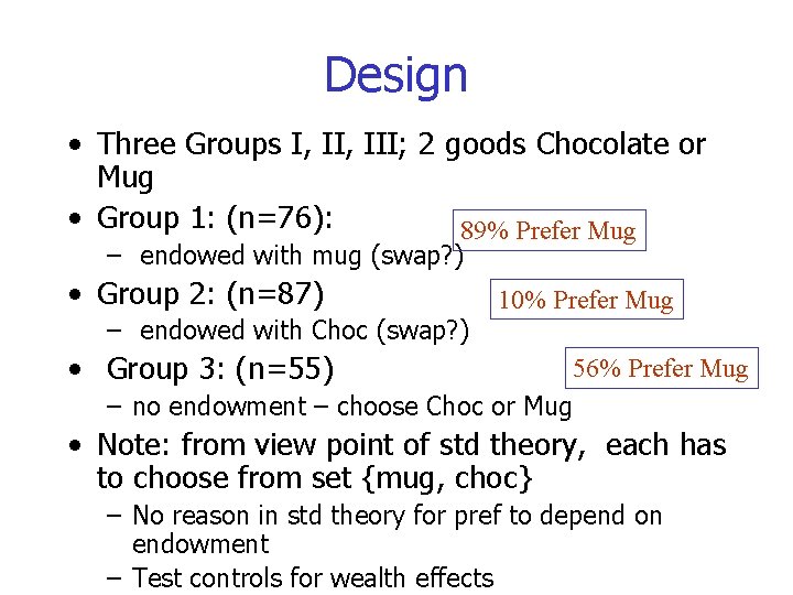 Design • Three Groups I, III; 2 goods Chocolate or Mug • Group 1: