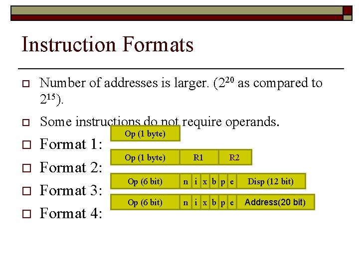 Instruction Formats o o o Number of addresses is larger. (220 as compared to