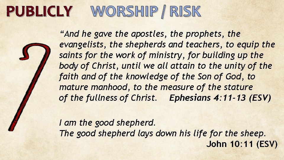 PUBLICLY WORSHIP / RISK “And he gave the apostles, the prophets, the evangelists, the
