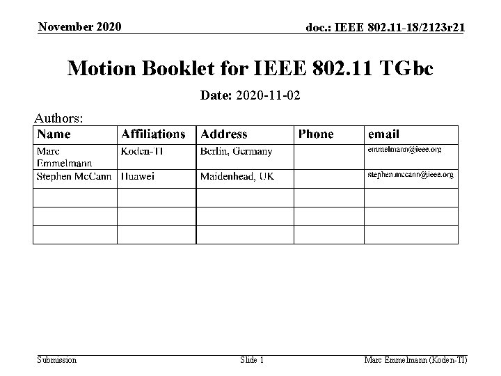 November 2020 doc. : IEEE 802. 11 -18/2123 r 21 Motion Booklet for IEEE