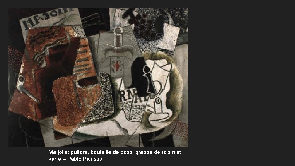 Ma jolie: guitare, bouteille de bass, grappe de raisin et verre – Pablo Picasso