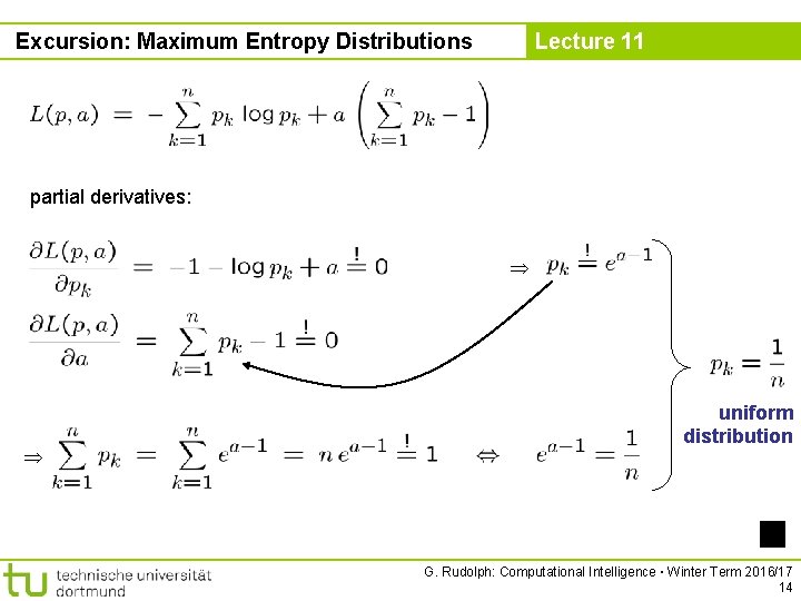 Excursion: Maximum Entropy Distributions Lecture 11 partial derivatives: uniform distribution G. Rudolph: Computational Intelligence
