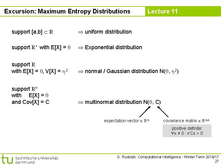 Excursion: Maximum Entropy Distributions Lecture 11 support [a, b] R uniform distribution support R+